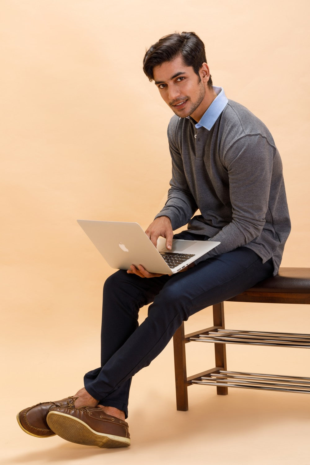 Grey Charcoal Cotton Polo Shirt Collar Full Sleeve