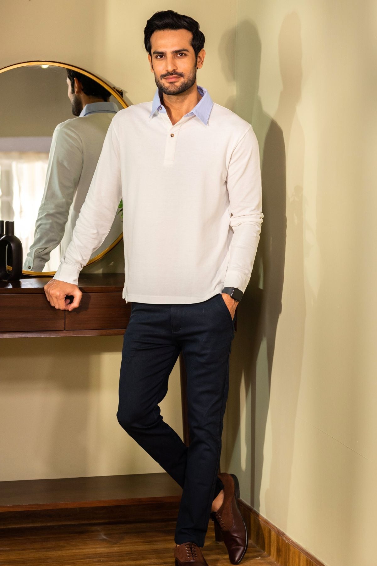 White Cotton Polo Shirt Collar Full Sleeve